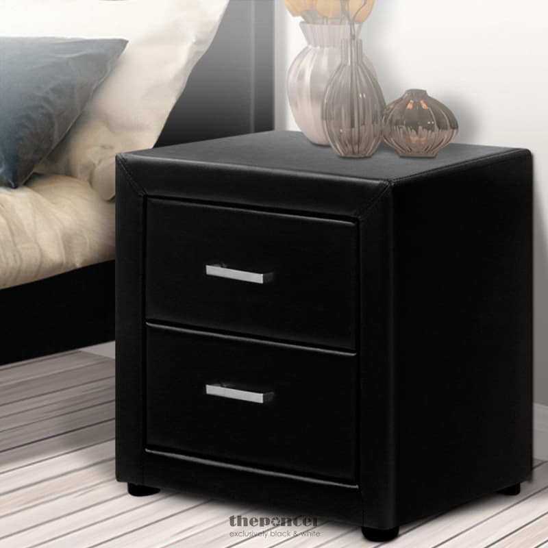 ARTISS BEDSIDE TABLE 2 DRAWERS LEATHER - CADEN BLACK