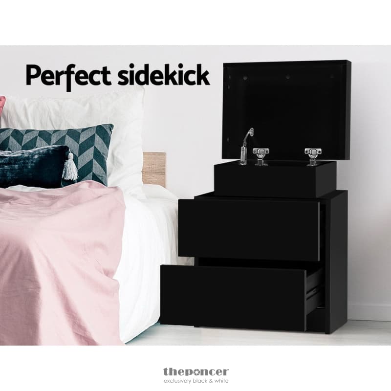 ARTISS BEDSIDE TABLE 2 DRAWERS LIFT-UP STORAGE - COLEY BLACK