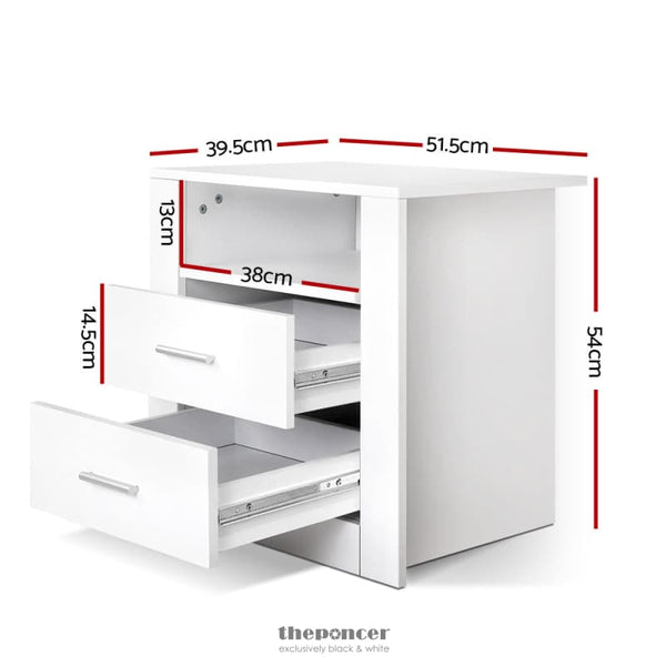ARTISS BEDSIDE TABLE 2 DRAWERS WITH SHELF - TARA WHITE