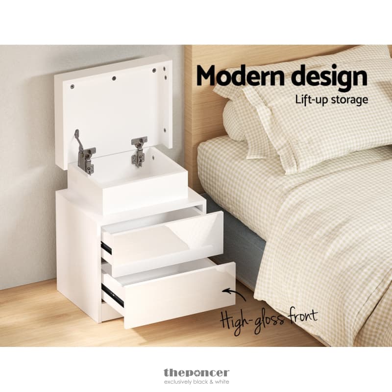 ARTISS BEDSIDE TABLE LED 2 DRAWERS LIFT-UP STORAGE - COLEY