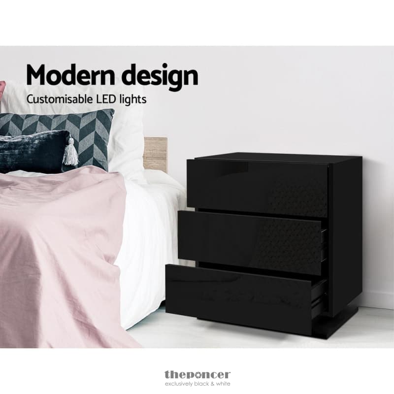 ARTISS BEDSIDE TABLE LED 3 DRAWERS - MORI BLACK