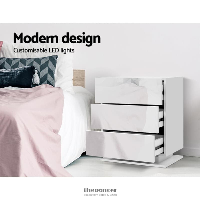 ARTISS BEDSIDE TABLE LED 3 DRAWERS - MORI WHITE