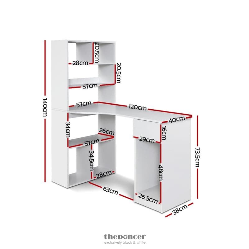 ARTISS COMPUTER DESK BOOKSHELF DRAWER CABINET WHITE 120CM