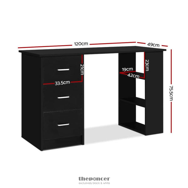 ARTISS COMPUTER DESK DRAWER SHELF CABINET BLACK 120CM