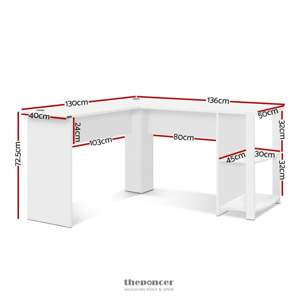 ARTISS COMPUTER DESK SHELF L-SHAPE WHITE 136CM