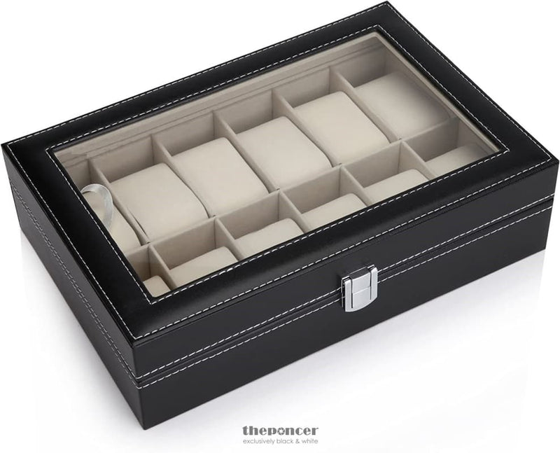 BLACK PU LEATHER WATCH ORGANIZER DISPLAY STORAGE BOX CASES