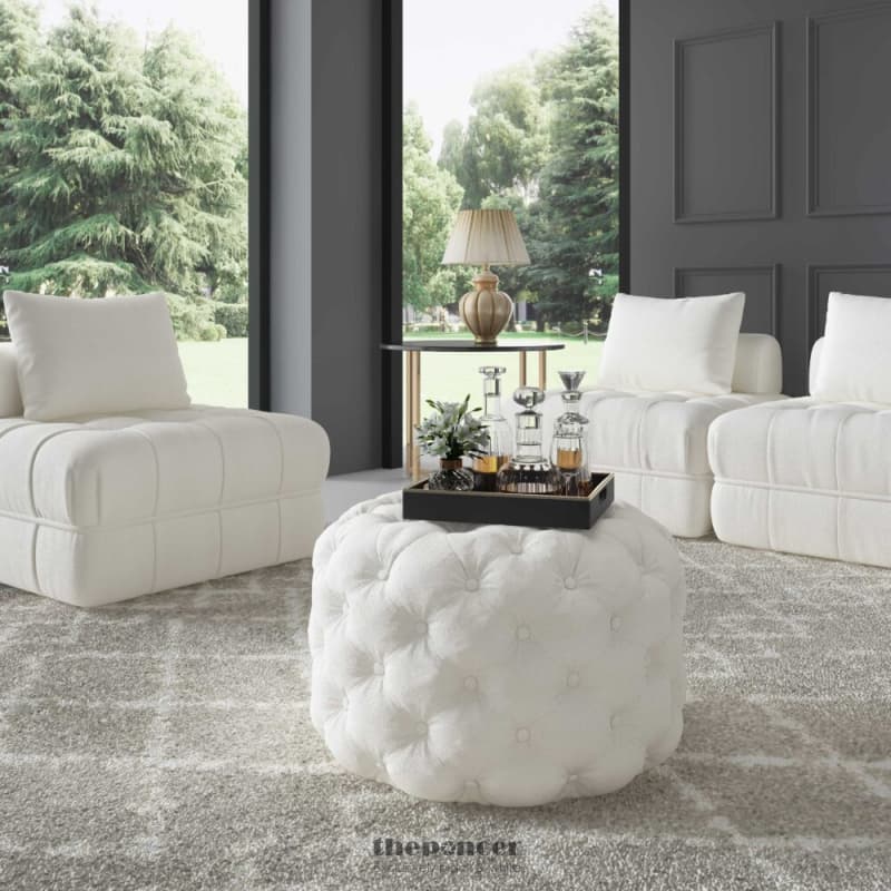 BOUCLÉ WHITE OTTOMAN-ROUND