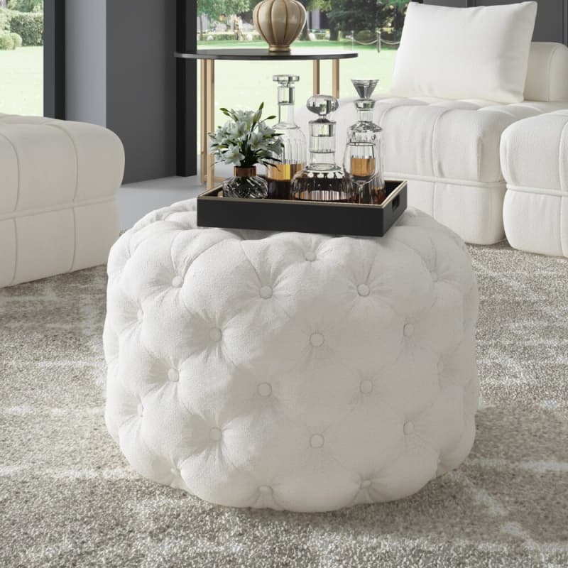 BOUCLÉ WHITE OTTOMAN-ROUND