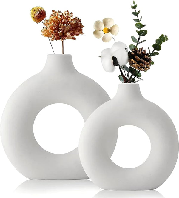 CERAMIC SET OF 2 CREATIVE ROUND WHITE VASES FOR HOME DECOR