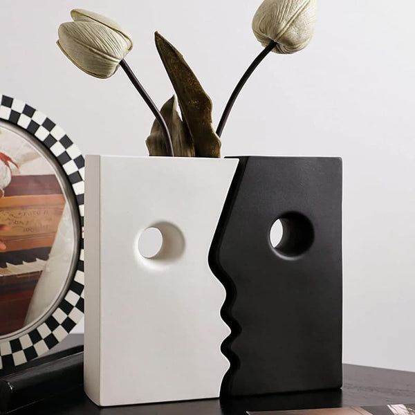 CERAMIC SET OF 2 MODERN BLACK AND WHITE VASES FOR HOME DCOR