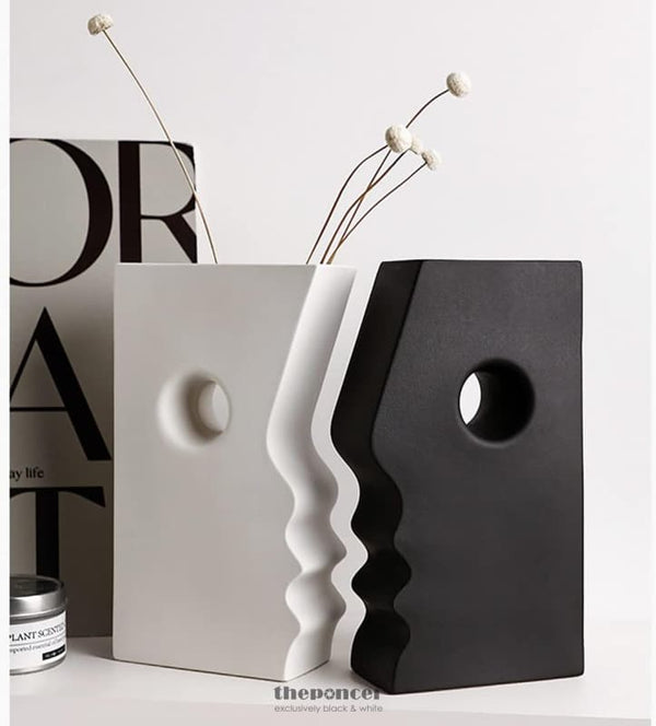 CERAMIC SET OF 2 MODERN BLACK AND WHITE VASES FOR HOME DCOR