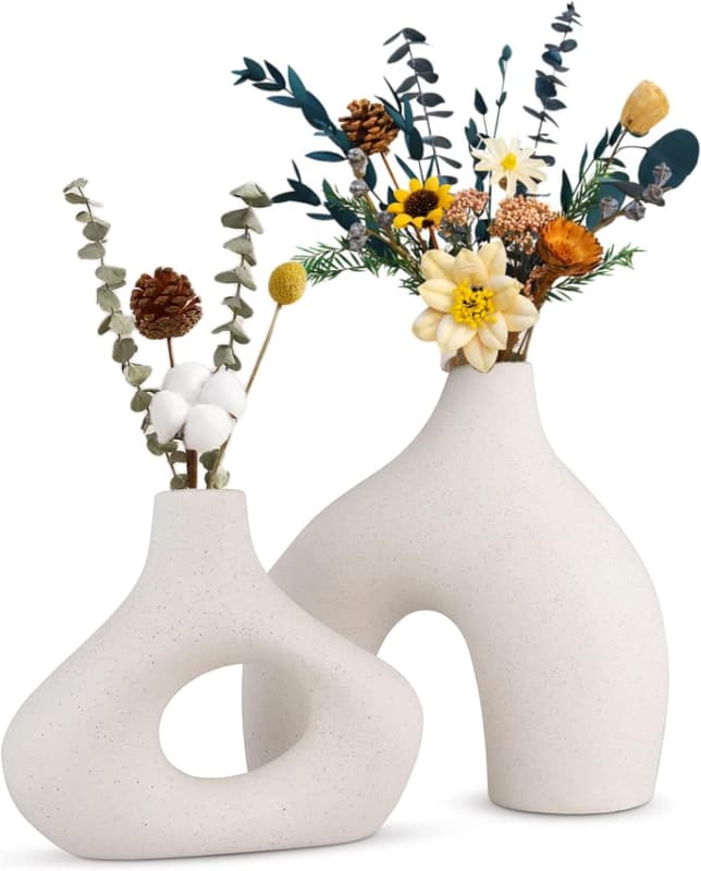 CERAMIC SET OF 2 MODERN WHITE VASES FOR HOME DCOR