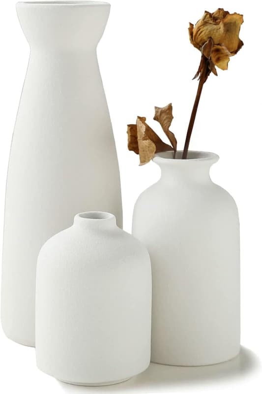 CERAMIC SET OF 3 MODERN WHITE VASES FOR HOME DCOR