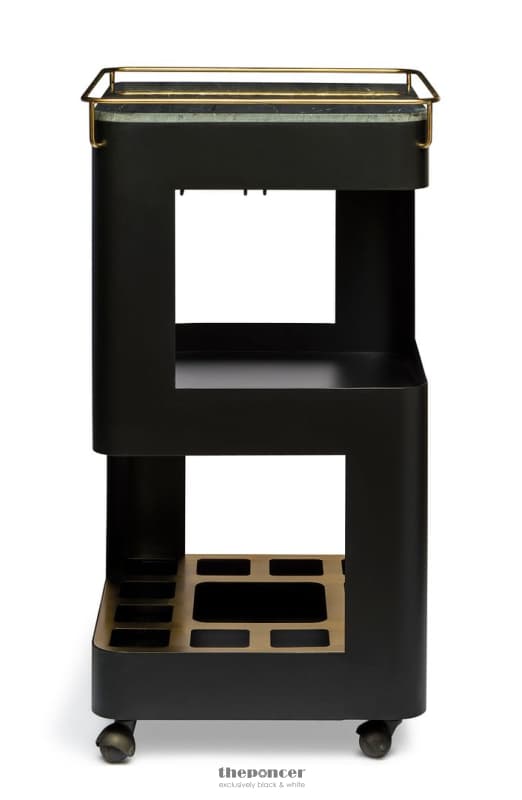 CONTEMPORARY BLACK GOLD DRINKS TROLLEY BAR CART WITH MARBLE