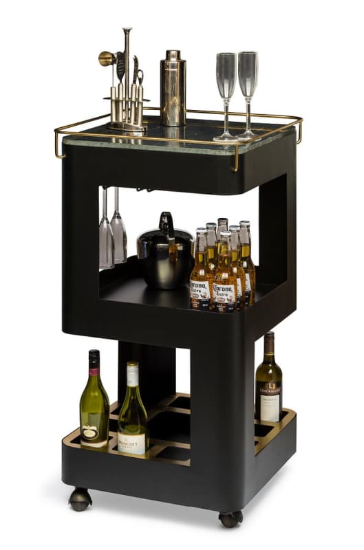 CONTEMPORARY BLACK GOLD DRINKS TROLLEY BAR CART WITH MARBLE