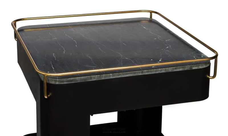 CONTEMPORARY BLACK GOLD DRINKS TROLLEY BAR CART WITH MARBLE