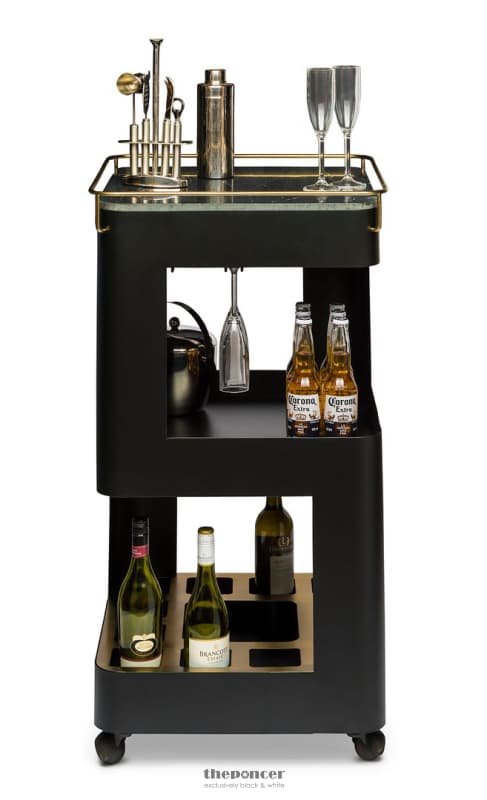 CONTEMPORARY BLACK GOLD DRINKS TROLLEY BAR CART WITH MARBLE