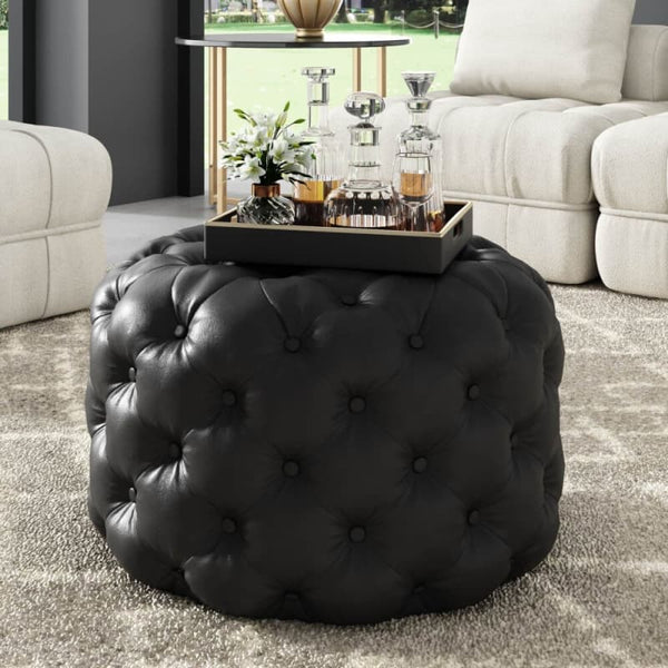 CONTEMPORARY BLACK LEATHER-LOOK OTTOMAN WITH BUTTON