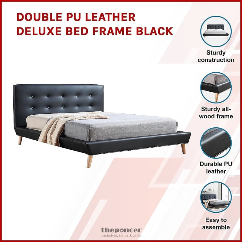 DOUBLE PU LEATHER DELUXE BED FRAME BLACK