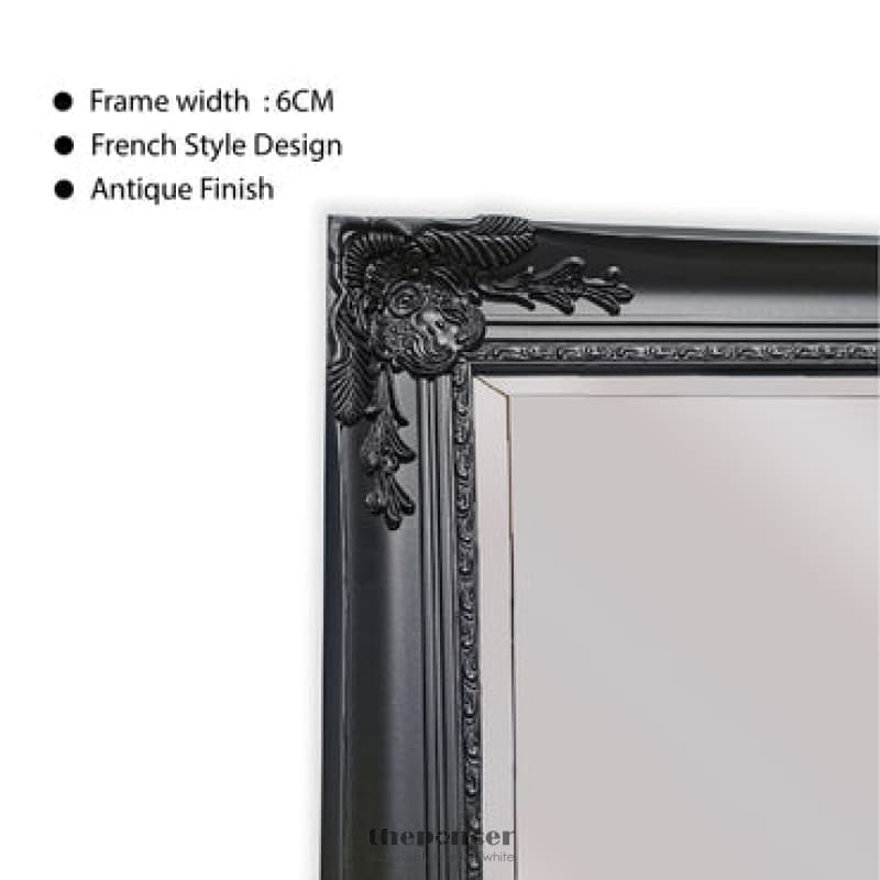 FRENCH PROVINCIAL ORNATE MIRROR - BLACK FREE STANDING 50CM