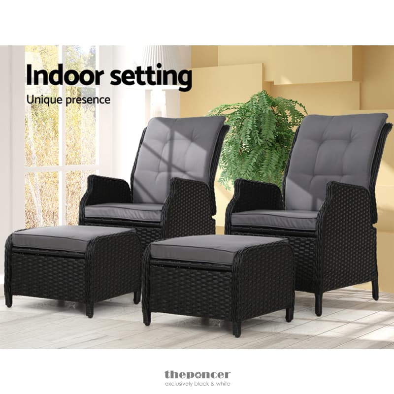 GARDEON 2PC RECLINER CHAIR SUN LOUNGE WICKER LOUNGER