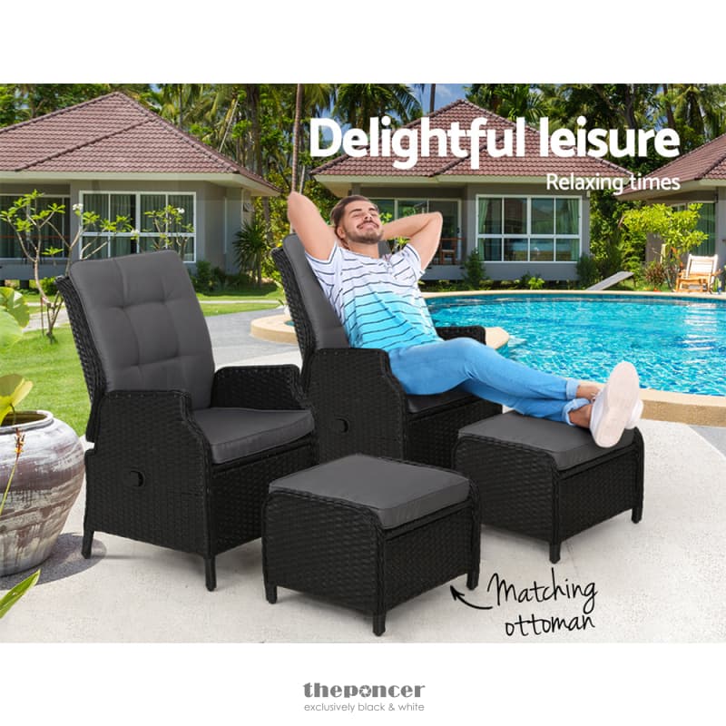 GARDEON 2PC RECLINER CHAIR SUN LOUNGE WICKER LOUNGER