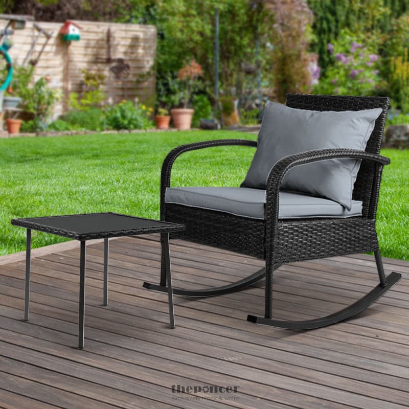 GARDEON 2PC ROCKING CHAIR TABLE WICKER OUTDOOR FURNITURE