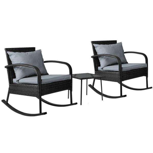 GARDEON 3PC ROCKING CHAIR TABLE WICKER OUTDOOR FURNITURE