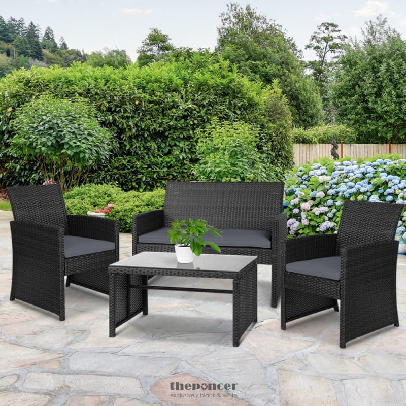 GARDEON 4 PCS OUTDOOR LOUNGE SETTING WICKER SOFA SET BLACK