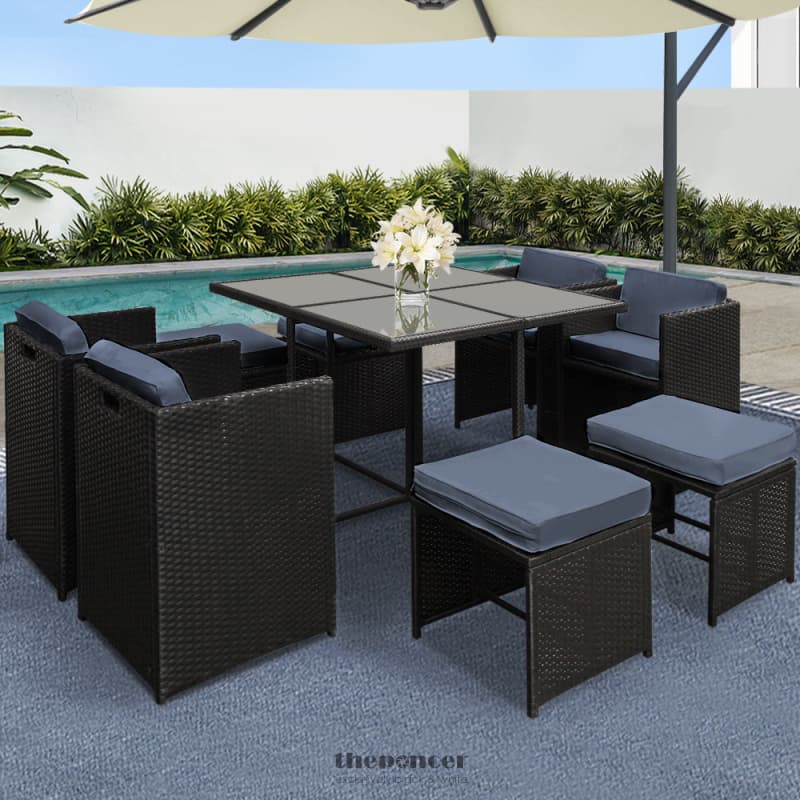 GARDEON OUTDOOR DINING SET 9 PIECE WICKER TABLE CHAIRS