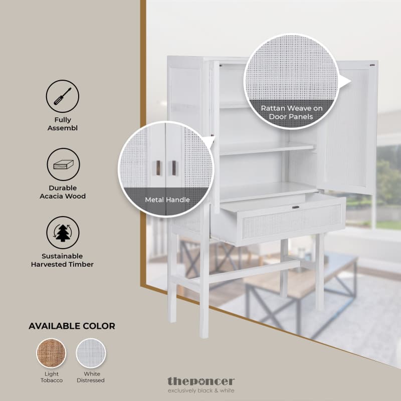 JASMINE TALL STORAGE CABINET 90CM 2 DOOR 1 DRAWER MINDI