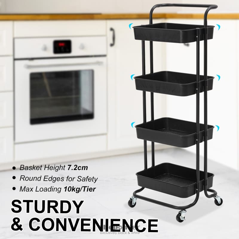 KANDOKA 4 TIER BLACK TROLLEY CART STORAGE UTILITY RACK