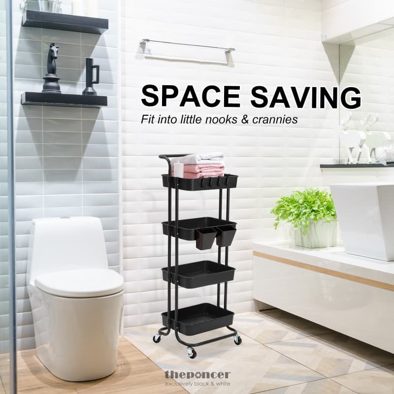 KANDOKA 4 TIER BLACK TROLLEY CART STORAGE UTILITY RACK