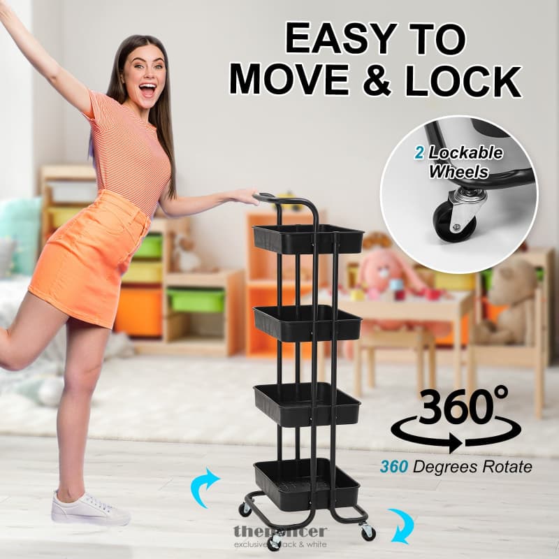 KANDOKA 4 TIER BLACK TROLLEY CART STORAGE UTILITY RACK