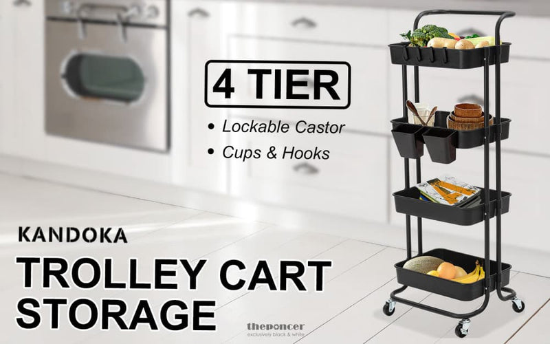 KANDOKA 4 TIER BLACK TROLLEY CART STORAGE UTILITY RACK