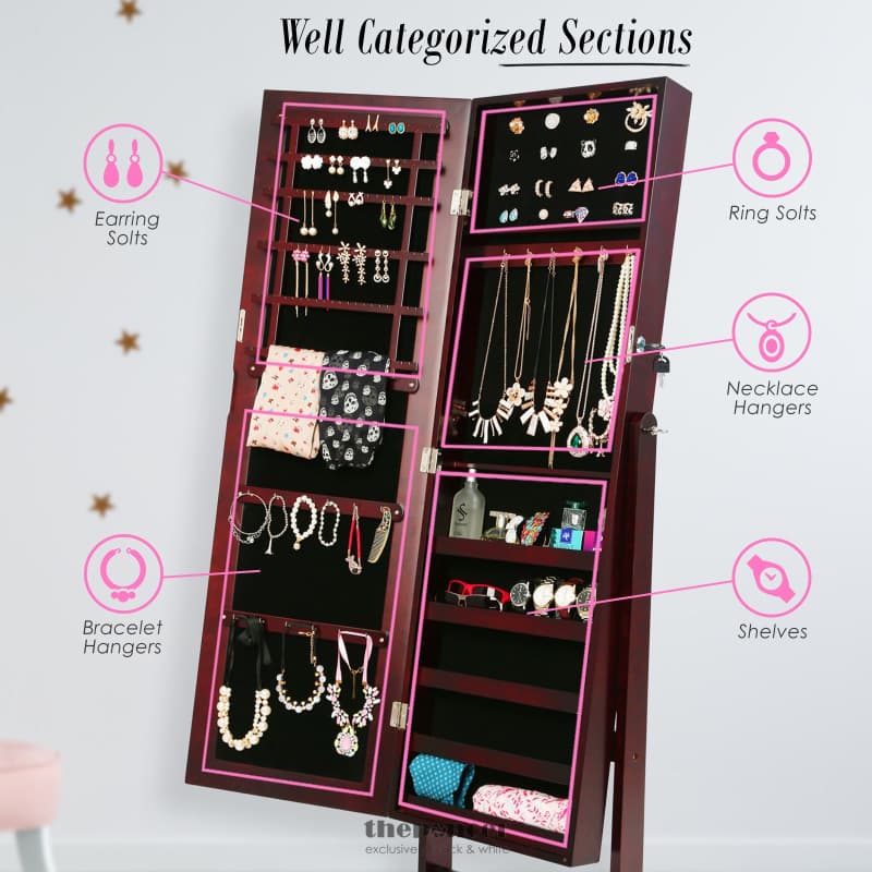 LA BELLA 146CM WALNUT MIRROR JEWELLERY CABINET STORAGE