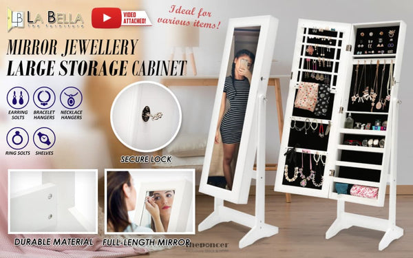 LA BELLA 146CM WHITE MIRROR JEWELLERY CABINET STORAGE