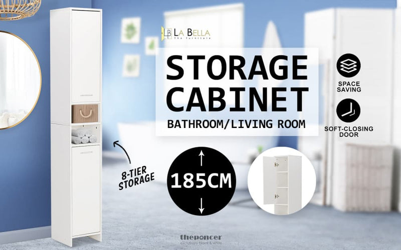 LA BELLA 185CM WHITE BATHROOM STORAGE CABINET TALL SLIM