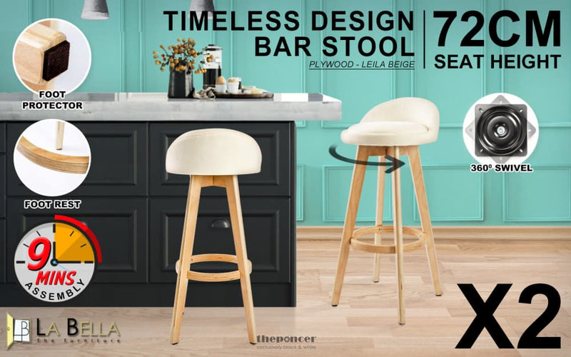 LA BELLA 2 SET 72CM BEIGE WOODEN BAR STOOL LEILA FABRIC