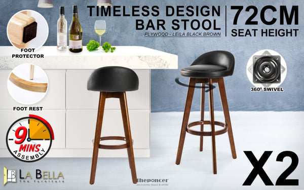 LA BELLA 2 SET 72CM BLACK BROWN WOODEN BAR STOOL LEILA