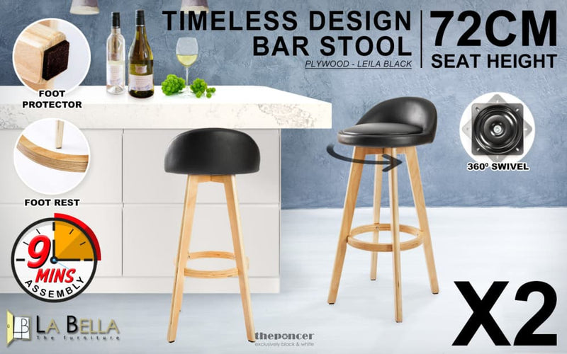 LA BELLA 2 SET 72CM BLACK WOODEN BAR STOOL LEILA LEATHER