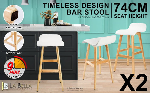 LA BELLA 2 SET 74CM WHITE WOODEN BAR STOOL SOPHIA LEATHER