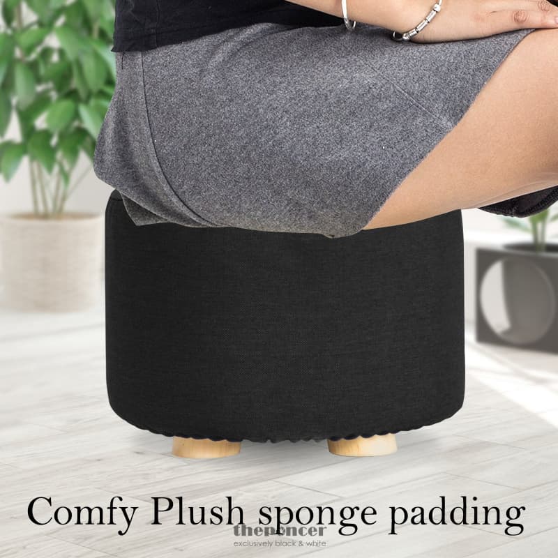 LA BELLA 2 SET BLACK FABRIC OTTOMAN ROUND WOODEN LEG FOOT