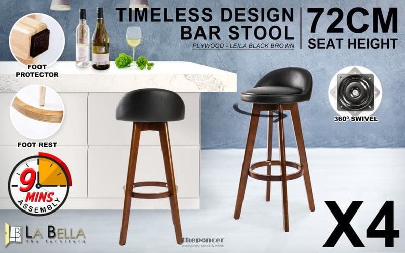 LA BELLA 4 SET 72CM BLACK BROWN WOODEN BAR STOOL LEILA