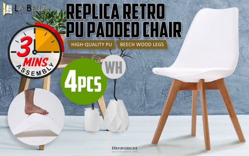 LA BELLA 4 SET WHITE RETRO DINING CAFE CHAIR PADDED SEAT