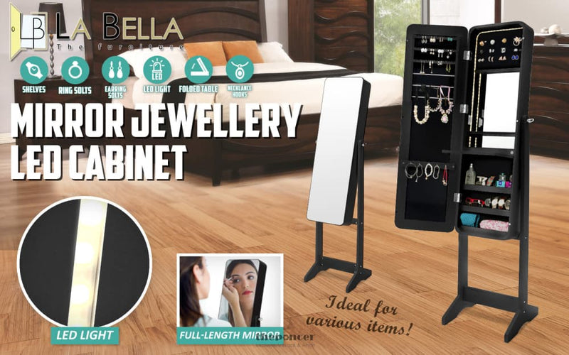 LA BELLA BLACK MIRROR JEWELLERY CABINET FLASHY 146CM