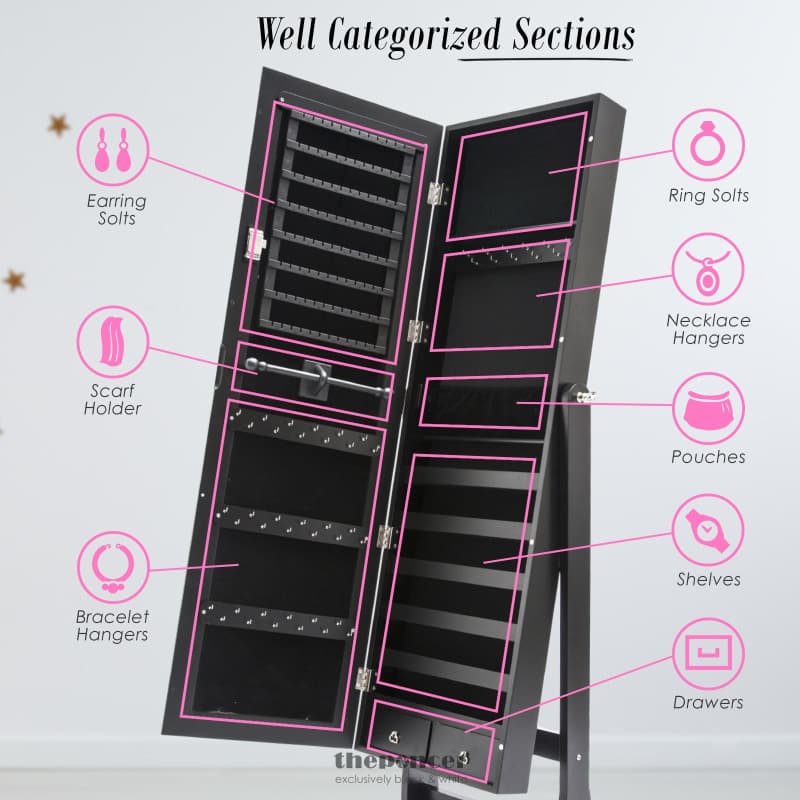 LA BELLA BLACK MIRROR JEWELLERY CABINET LOWE 146CM