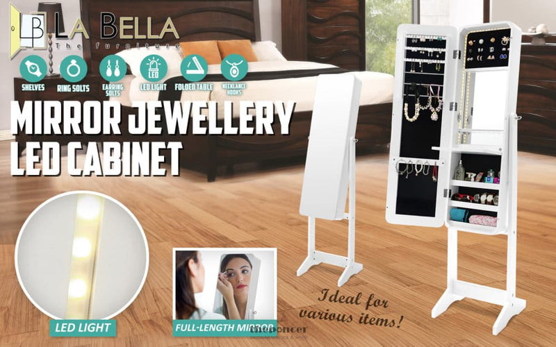 LA BELLA WHITE MIRROR JEWELLERY CABINET FLASHY 146CM