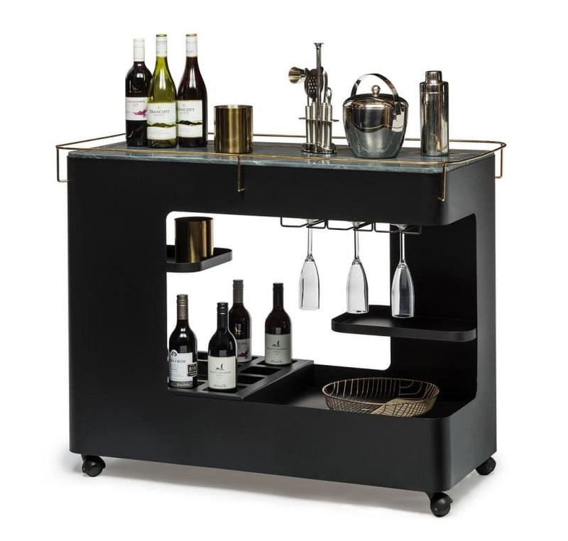 LARGE CONTEMPORARY BLACK GOLD DRINKS TROLLEY BAR CART