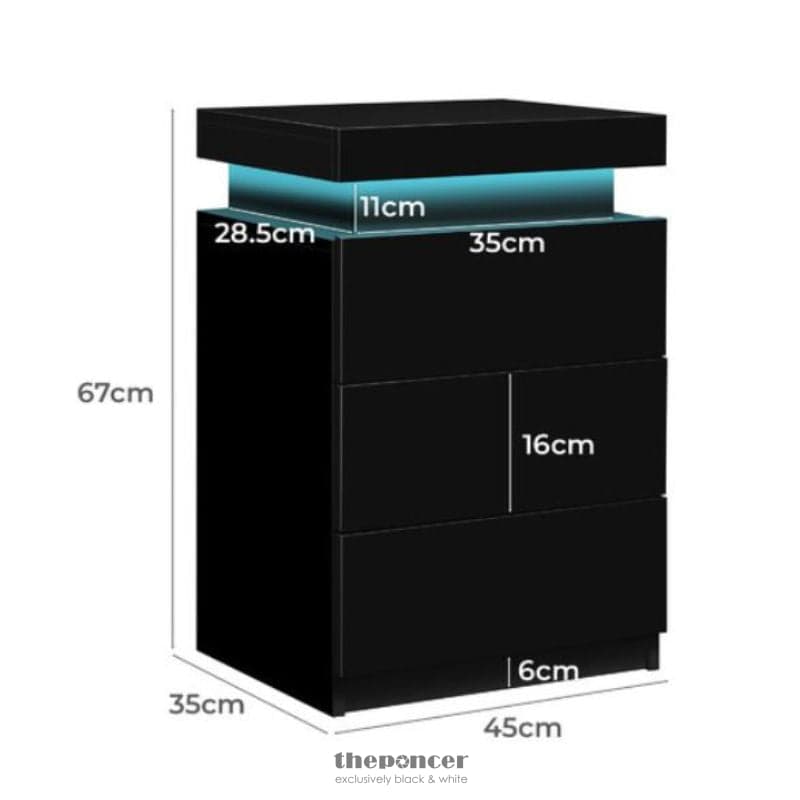 LED BEDSIDE TABLE HIGH GLOSS NIGHTSTAND CABINET WITH 3